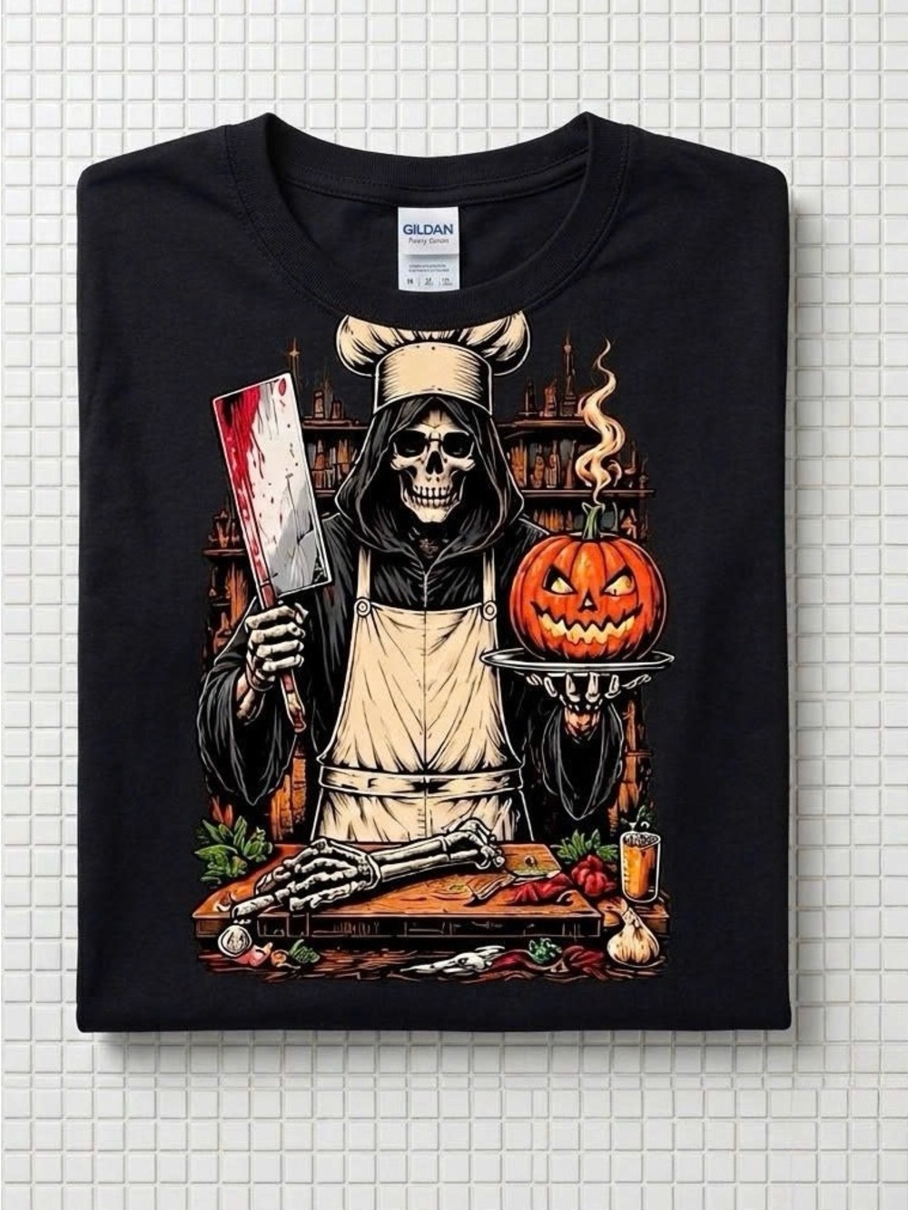 Spooky Skeleton Chef Halloween T-Shirt | Horror Butcher Graphic Tee